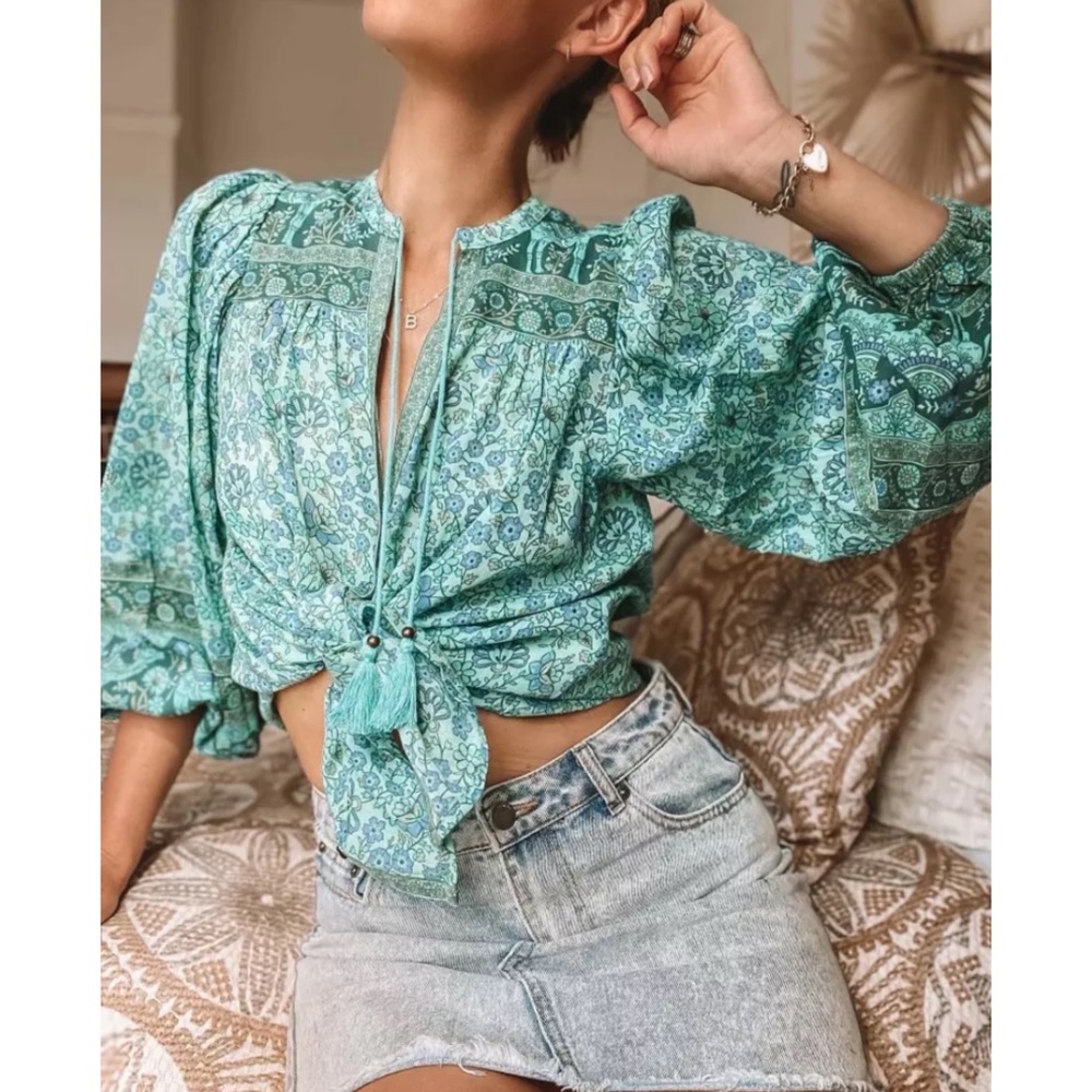SOLD OUT Bohemian Blue Floral Button Up Blouse Top - Picture 1 of 5